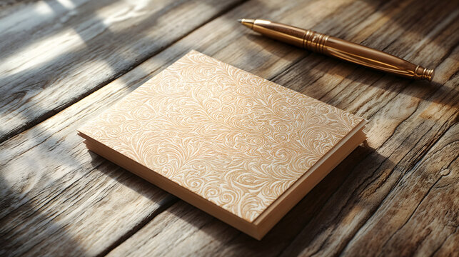 Elegant journal with gold pen on rustic wooden table in sunlight