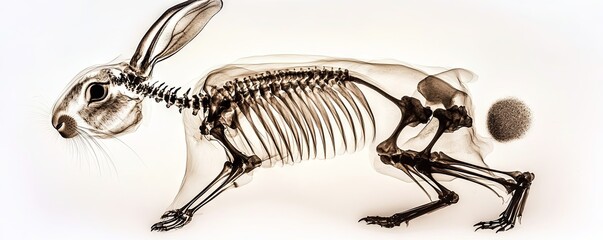 Detailed x-ray image showing the skeleton structure of a rabbit in motion, highlighting its anatomical features and bone alignment.