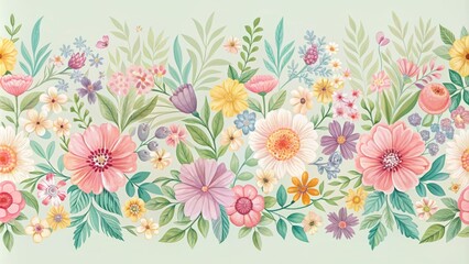 Vibrant floral patterns fill a seamless repeating border, featuring blooming flowers, leaves, and stems in soft pastel hues, ideal for backgrounds, textures, and designs.