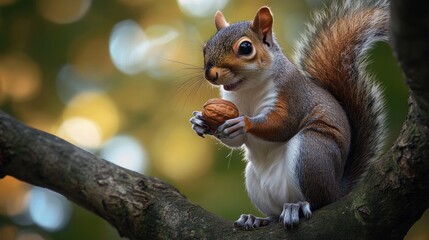 Obraz premium A squirrel holding a nut in its paws, perched on a tree branch, embodying the playful and industrious nature of this common woodland creature.