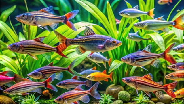 Vibrant freshwater aquarium scene featuring a school of iridescent Featherfin Catfish and peaceful Squeaker Catfish swimming together among lush green aquatic plants.