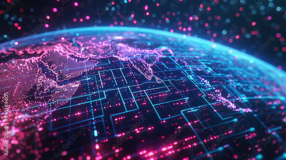 Poster close-up of a digital globe with glowing lines and pink dots representing data flow.