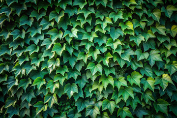 Urban wall covered by ivy leaves in sunny day. Green wall in the garden with air purification plants. Ecology and green city concept. Abstract nature background for banner, poster, wallpaper