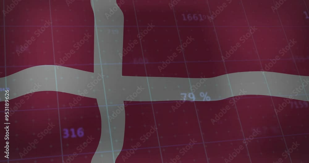 Aufkleber danish flag with financial data and statistics animation over red background