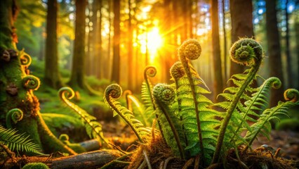 Vibrant green fern fronds unfurl from a moss-covered forest floor, delicate tendrils curled around ancient tree roots in warm, soft, golden morning light.