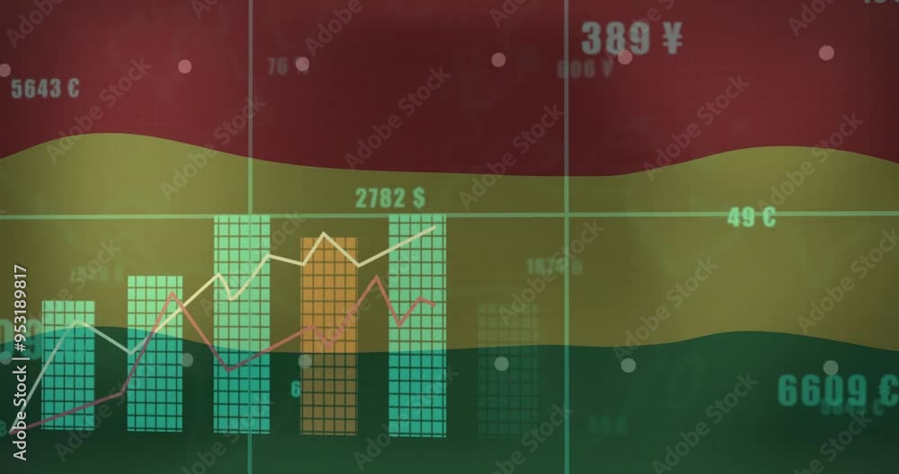 Poster Financial data analysis animation over fluctuating bar and line graphs