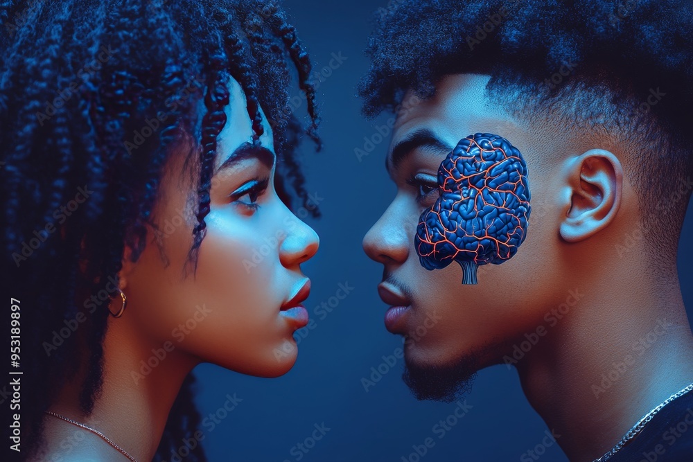 Poster profile of a young couple with contrasting digital brain elements symbolizing the dynamic interplay 
