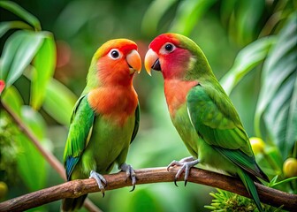 Vibrant green Nyasa lovebird perched on a branch, gazing adoringly at its mate, with soft plumage and bright red forehead, amidst lush tropical foliage.
