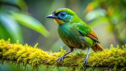 Obraz premium Vibrant green plumage and distinctive crest adorn this Xenops bird perched on a moss-covered branch, its large dark eyes scanning the lush rainforest undergrowth.