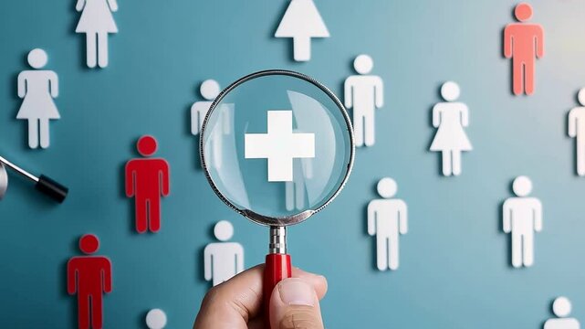 A magnifying glass with a plus sign is held over a group of figures, highlighting one in red
