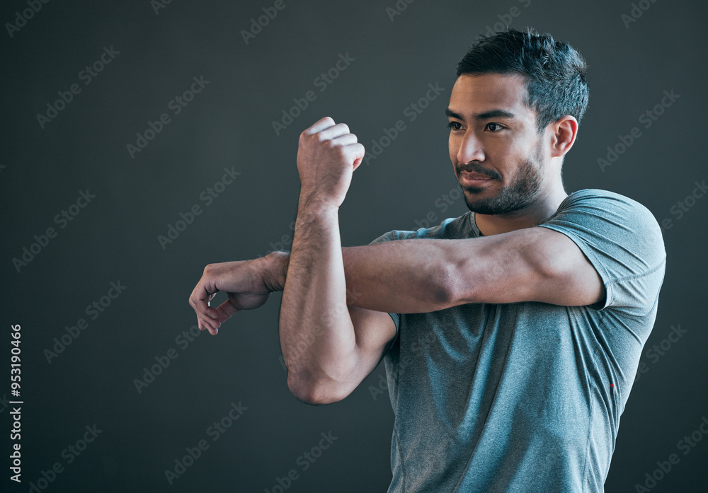 Sticker stretching arms, fitness and man in gym for exercise, training and warm up for athlete workout. heal