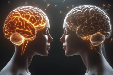 Obraz premium Dual glowing brain profiles of a couple symbolizing the intellectual connection and shared thoughts in a modern urban setting