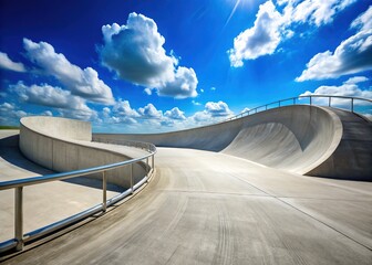 A sleek, curved concrete ramp stands against a bright blue sky, awaiting the arrival of wheels and thrill-seekers seeking adrenaline-fueled adventure and aerial stunts.