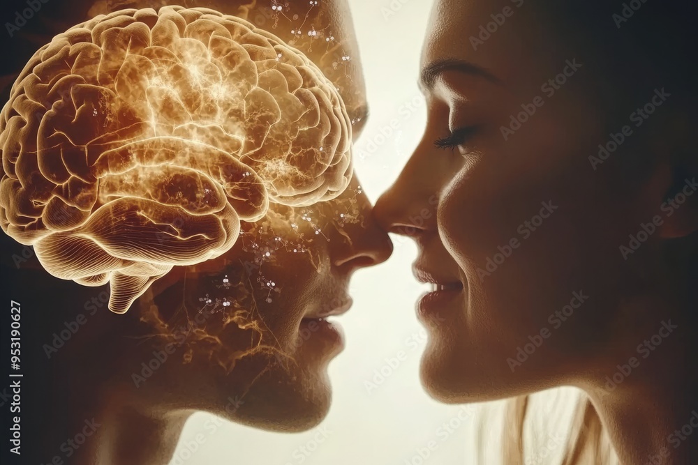 Poster warm glowing brain connection between two faces symbolizing the fusion of thoughts and emotions in a