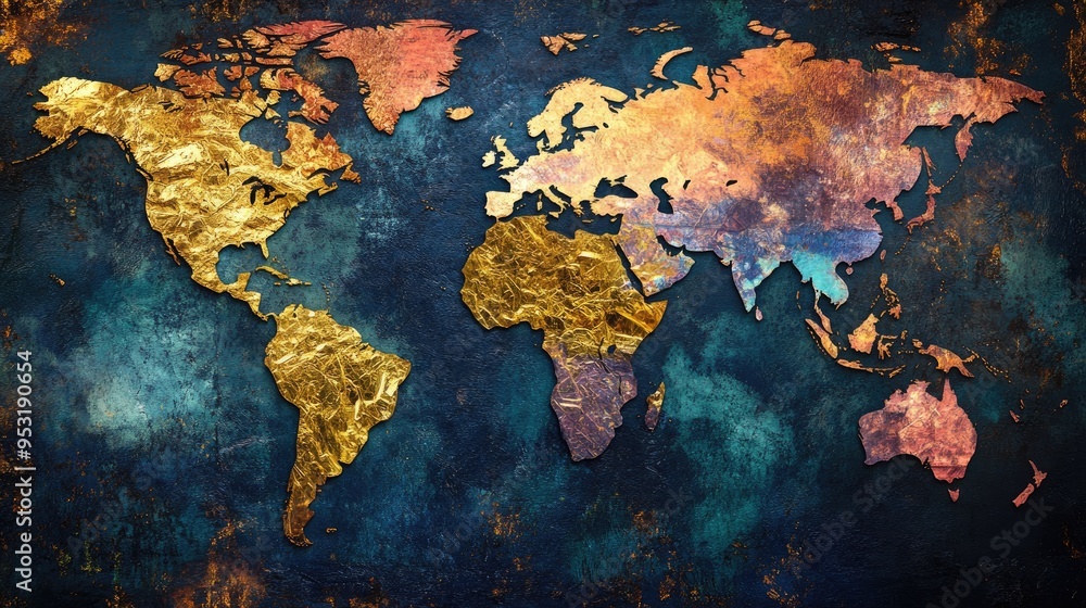 Poster a world map overlaid with images of gold, cobalt, and lithium, illustrating the geopolitical implica