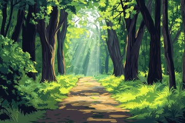 Naklejka premium A serene woodland path illuminated by gentle sunlight, surrounded by lush greenery and vibrant foliage, perfect for nature lovers.