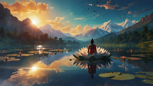 illustration of a buda meditating in a lake, smooth looping video 4k.