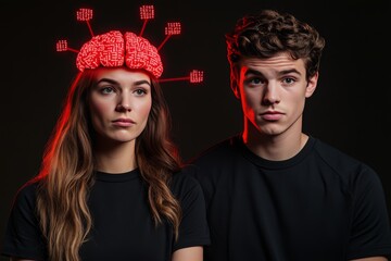 Fototapeta premium Portrait of two individuals with red neural brain elements symbolizing the vibrant exchange of thoughts and ideas in a bold modern setting