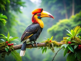 Fototapeta premium Vibrant hornbill perches on a verdant branch, its brightly colored casque and plumage standing out against a blurred, lush forest background with dappled light.
