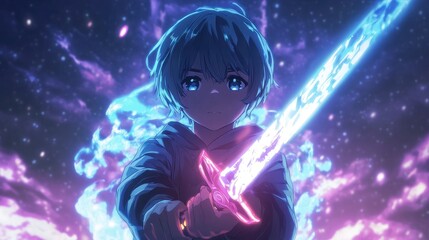 Obraz premium An anime-style character holding a glowing sword, with a magical aura surrounding them.