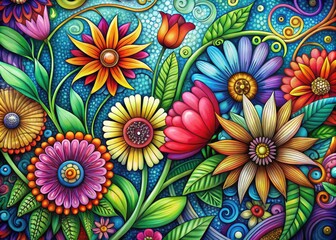 Vibrant illustration of colorful flowers blooming against a stylized abstract background, featuring intricate linework, playful patterns, and bold colors in a whimsical art design composition.