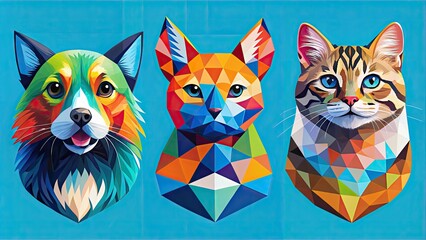 Fototapeta premium Vibrant illustration of playful animals transformed into geometric shapes, including a cat-circle, dog-triangle, and bird-square, against a bright blue background with subtle texture.