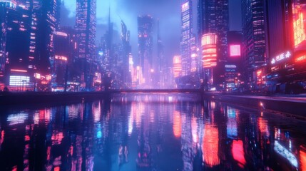 Fototapeta premium Neon Cityscape Reflection