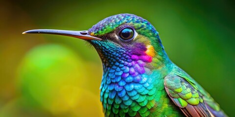 Fototapeta premium Vibrant, intricately feathered hummingbird's iridescent throat patch and tiny beak are magnified against a blurred, muted green forest background, showcasing its stunning, delicate features.