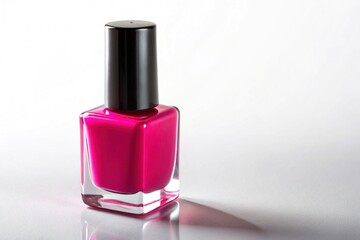 A sleek, modern bottle of vibrant pink nail polish sits alone on a pure white background, cap slightly ajar, surrounded by subtle gradient shadows.