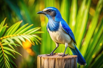 Vibrant Island Scrub Jay perches on a weathered wooden fence post, flaunting its bright blue and white feathers in a sun-drenched tropical island setting.