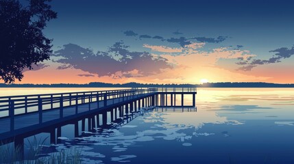Fototapeta premium A tranquil sunset view over a calm lake, featuring a wooden pier extending into the water, reflecting serene colors and clouds.
