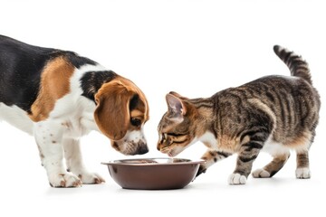 A playful dog and a curious cat share a meal together. This heartwarming scene highlights the bond between pets. Perfect for pet lovers and animal caregivers. Generative AI