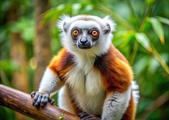 Obraz premium Vibrant lemur with distinctive white and brown fur, large round eyes, and long legs, native to Madagascar's rainforests, perches on a branch in natural habitat.