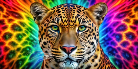 Obraz premium Vibrant leopard-print background with a real leopard's close-up face and whiskers peeking out, blending seamlessly into the abstract, colorful pattern.