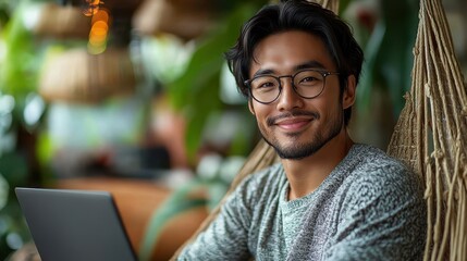 Obraz premium Portrait of a Happy, Handsome Asian Man Working on a Laptop in a Garden, Sitting in a Hammock and Smiling at the Camera, Relaxing Outdoors During Vacation with Copy Space for Text