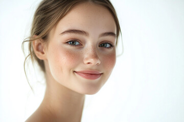 Obraz premium Portrait of a European American woman, close up on a white background
