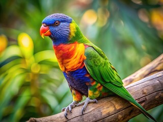 Vibrant lorikeet perched on a branch, showcasing its bright plumage, with iridescent feathers in shades of blue, green, and yellow, against a natural outdoor backdrop.