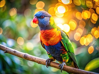 Naklejka premium Vibrant lorikeet perches on a branch, its bright blue, orange, and green feathers glowing in the sunlight, with a subtle bokeh background effect.