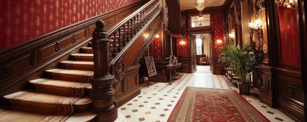 A beautifully ornate hallway featuring a grand staircase and vintage decor