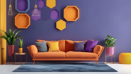 A living room interior with an orange sofa, gray walls and hexagonal decoration on the wall. A table is placed in front of it.