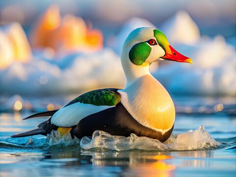 Vibrant male King Eider duck swims amidst Arctic ice floes, showcasing brilliant green and orange plumage, with frosty breath against a serene winter landscape backdrop. - Powered by Adobe