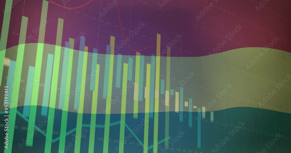 Poster financial data analysis animation with bar and line graphs over colorful background