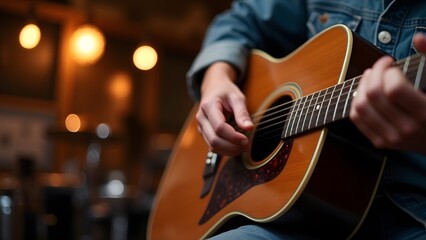 Fototapeta premium Close-up of a person playing an acoustic guitar with warm, blurred lighting in the background