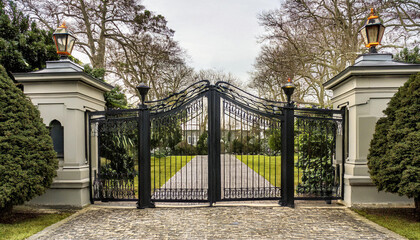 Iron gates entrance to palace, castle, mansion, trees, home, house, street, imposing, grand, historic, old, gate, fence