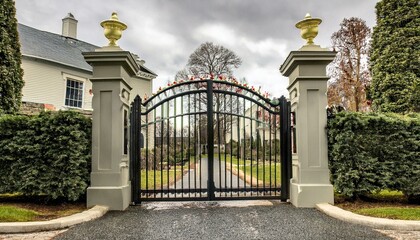 Iron gates entrance to palace, castle, mansion, trees, home, house, street, imposing, grand, historic, old, gate, fence © JL Designs