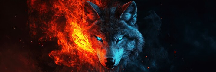 A black backdrop with an image of a blue-eyed wolf with flames surrounding its face in the foreground.