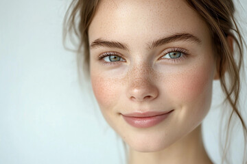 Fototapeta premium Portrait of a European American woman, close up on a white background