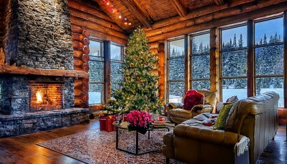 Obraz premium Cozy log cabin home in the mountains with fireplace and Christmas tree and beautiful view