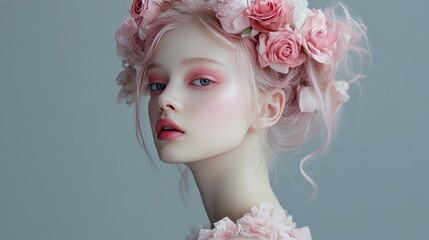 Naklejka premium Artistic portrait of a young woman with pink makeup and a chic hairstyle, set against gray, showcasing creativity and modern beauty.