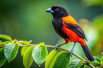 Fototapeta premium Vibrant orange and black tanager perches on a lush green leafy branch, showcasing its striking plumage and elegant silhouette against a soft, blurred forest background.